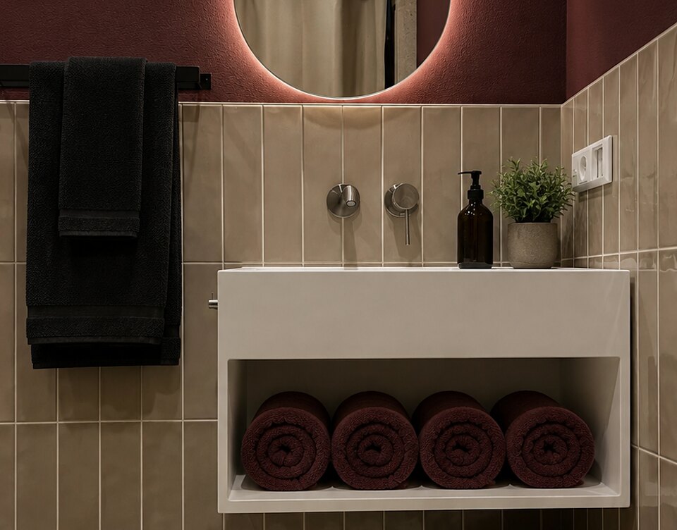 Gäste-WC mit hellen Wandfliesen, Waschtisch mit Handtuchfach und beleuchtetem Spiegel